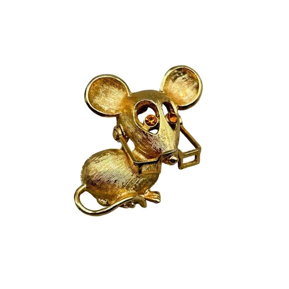 Vintage AVON Mouse with Eyeglasses Pin Brooch Gold Tone & Topaz Rhinestones Eyes - Picture 1 of 5